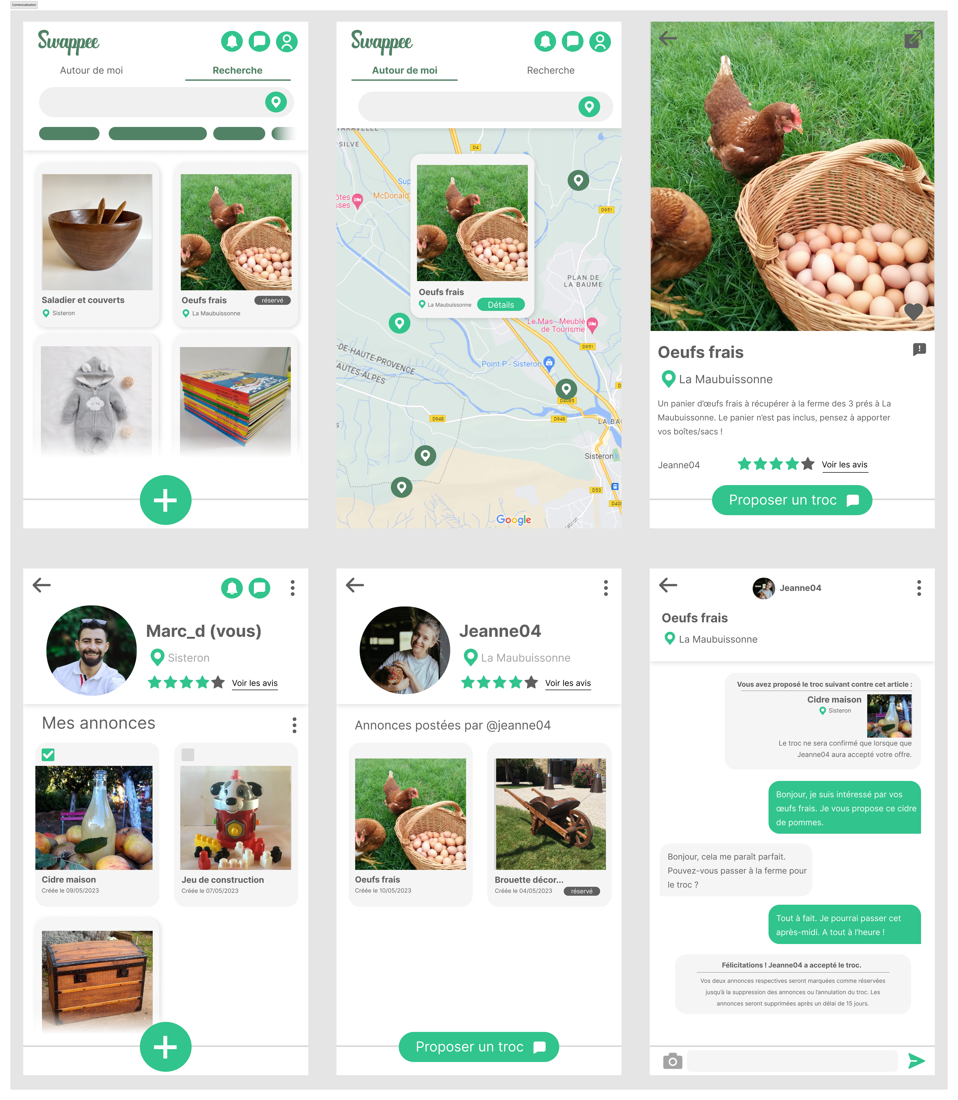 A final mockup UI/UX design for a fictive barter mobile app called Swappee created by Laura Bacher webdesigner project manager
                UI/UX graphic designer. It looks like a standard e-commerce app with a marketplace, a chat systèm
                and profiles for users