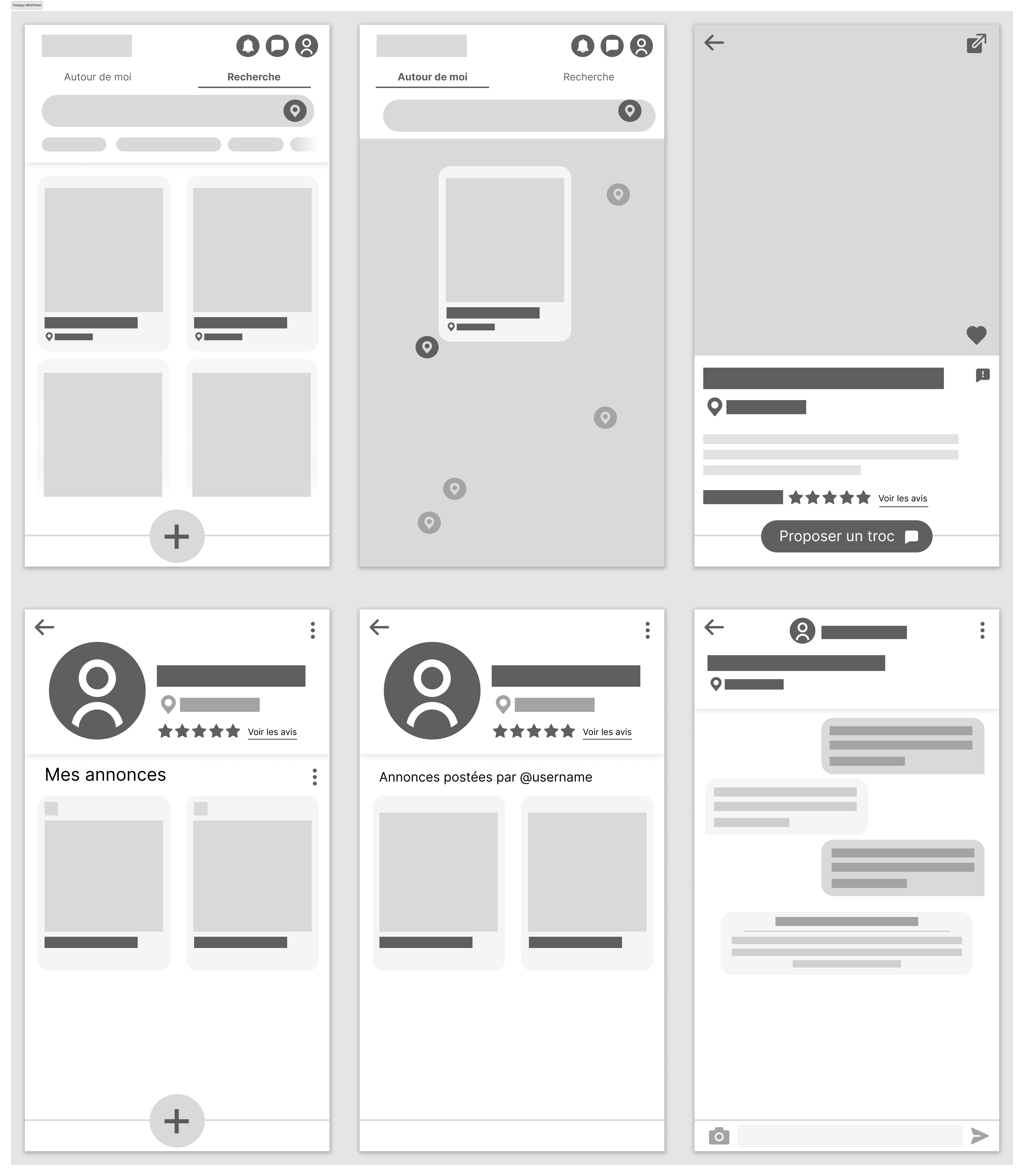 A Wireframe design for a fictive barter mobile app called Swappee created by Laura Bacher webdesigner project manager
                UI/UX graphic designer. It looks like a standard e-commerce app with a marketplace, a chat systèm
                and profiles for users